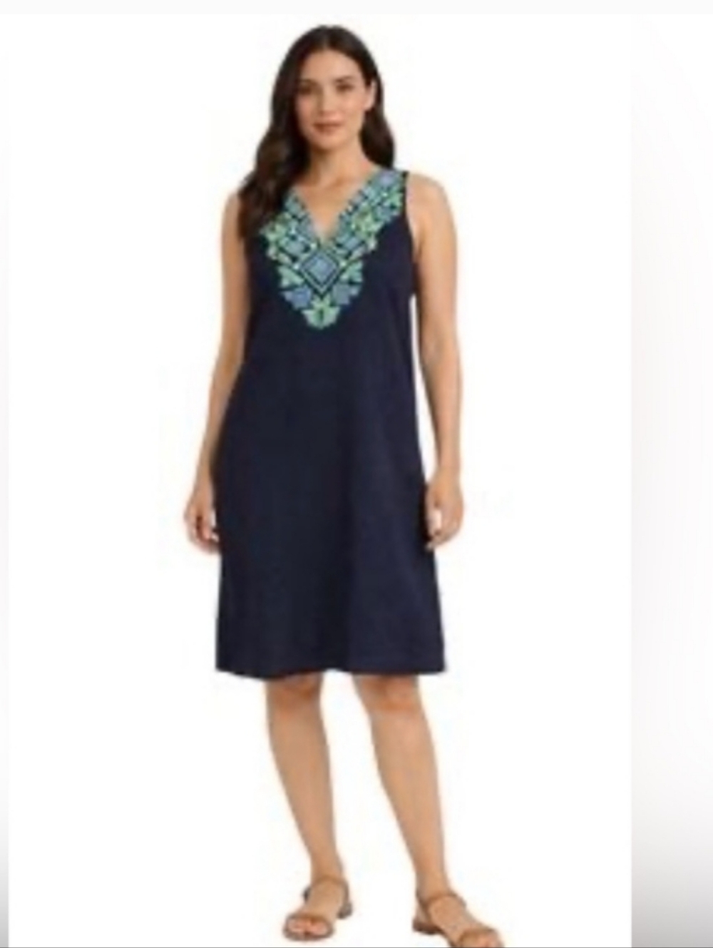 J. Crew Sz Large Tall Linen Navy Sleeveless Shift Dress with Embroidery